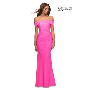 New LA FEMME Size 00 Off the shoulder neon jersey prom dress ruching Hot Pink